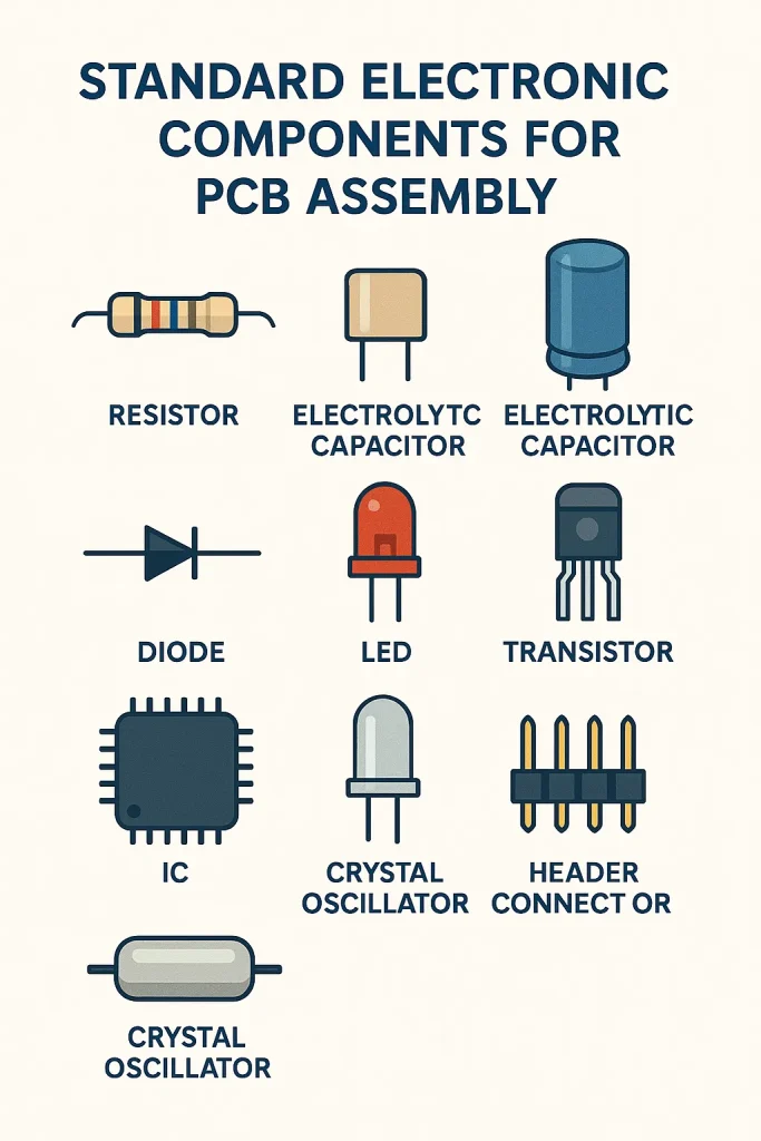 Vector grid illustrating nine standard electronic components used in PCB assembly: resistor, MLCC capacitor, electrolytic capacitor, diode, LED, SOT‑23 transistor, QFP integrated circuit, crystal oscillator, and pin header connector.
