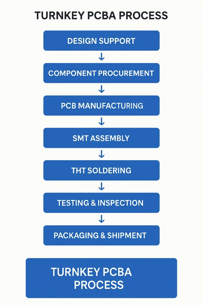 A visual flowchart of the Turnkey PCBA process from design to shipment